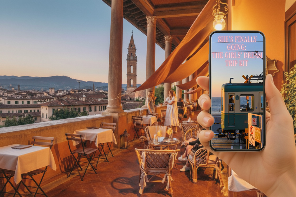 Aesthetic digital kit mockup on a phone and tablet with a travel scene in the background.